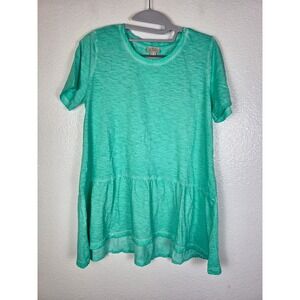 LOGO Lori Goldstein Women XS Seafoam Green Distressed Dye Peplum Slub Cotton Top